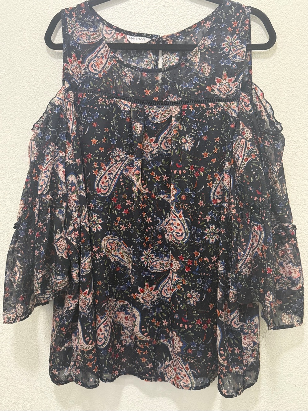 Westport navy floral paisley print sheer lined blouse, cold shoulder, 2X
